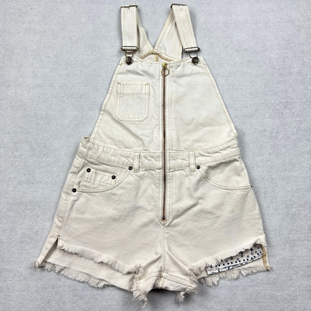We The Free People Denim Shortalls Womens 2 White Raw Hem Zip Front Overalls